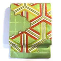 5k2494 袋帯　絹　西陣織　唐織　緑　金色　白　橙色　黄色　柄物　和装　着物