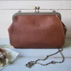 がま口ショルダーバッグ 栃木レザー ブラウン チェーン付き