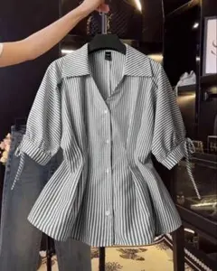 ストライプウエスト絞りシャツ 五分袖