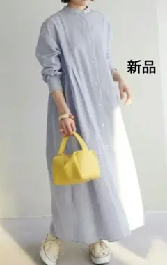 【新品・未使用】ウエストタックストライプシャツワンピース