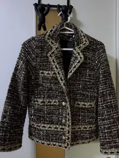 ブラウン ツイード ノーカラージャケット