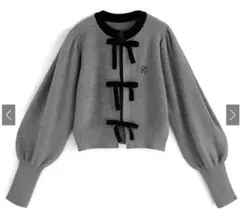 ロゴ刺繍配色リボンニットカーディガン[sf1026]グレー