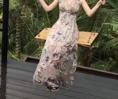 花柄 マキシ丈 ノースリーブワンピース