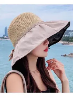 麦わら帽子 リボン着脱不可 日焼け対策 UVカット ベージュ