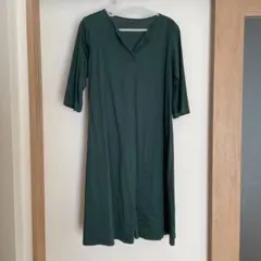 【UNIQLO】ダークグリーン Vネック 七分袖 ワンピース Mサイズ