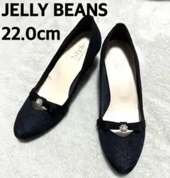 ★美品★ジェリービーンズ リボンパール装飾 ブラック パンプス 22.0