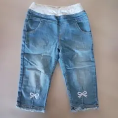 デニムハーフパンツ 刺繍リボン付き