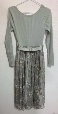 美品Rirandture チュール 刺繍ドッキングワンピース グリーン Sサイズ