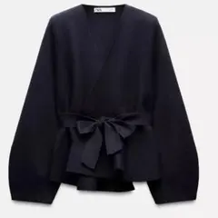 ZARA ベルト付きニットショルダーパッドブレザー ネイビーブルー M