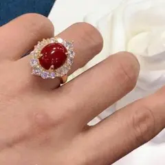 Fサイズ　濃厚トップカラー☆血赤色赤珊瑚　指輪　czリング　24Kゴールドメッキ