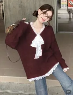 ワインレッド ニットセーター レース付き SHEIN バーガンディ