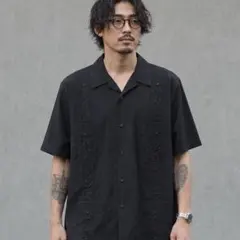 【m317】MY CUBAN STORE キューバシャツ開襟 黒 刺繍グアヤベラ