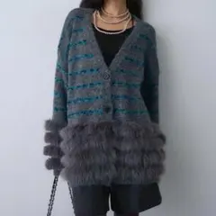 【新品】フェザーライン配色シャギーニットカーディガン チャコール Frene同型