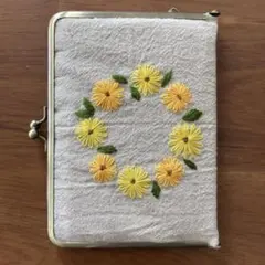 がま口型ハンドメイドサークルひまわり刺繍 文庫本ブックカバー マルチ手帳ケース