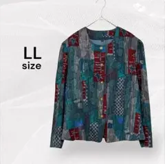 総柄 美品 LLサイズ ノーカラージャケット 多色使い 薄手ジャケット