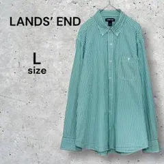 LANDS’ END グリーン ストライプ ボタンダウン シャツ Lサイズ 緑