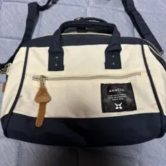 anello ショルダーバッグ ベージュ/ネイビー キャンバス
