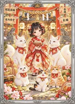 福を招く着物の少女と白狐・招き猫
