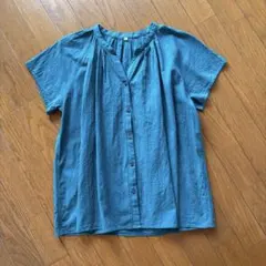 無印良品　強撚ボイル フレンチスリーブブラウス ターコイズグリーン　Lサイズ