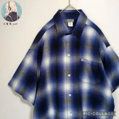 美品　カルトップ　USA製　半袖シャツ　オンブレチェック　青　メンズ　L相当