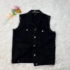 【SHAGGIE】ブラックデニムベスト ダメージ フリンジ F
