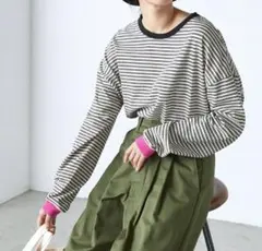 新品 SUNNY HOUSE 袖配色 マルチボーダー ロンT 白黒ピンク L