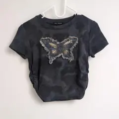 蝶の刺繍 ダークグレー Tシャツ 半袖　ミニT