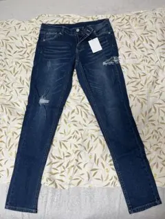 新品ダメージ加工 ダークブルー スキニージーンズ