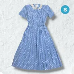 美シルエット ヴィンテージ プリーツワンピース 水色 ドット柄 レース襟 半袖Sのサムネイル