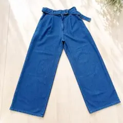 ​【美品】GU ハイウエスト デニム ワイドパンツ S ベルト付 ウエストゴム