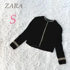 ZARA ベロア ノーカラージャケット S 黒