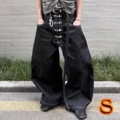 【S】ワイドデニムパンツ リジットデニム ブラック y2k 韓国 グランジ 黒