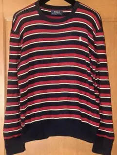 ラルフローレンホースマークロゴボーダーニットセーター赤黒白160L14-16美品