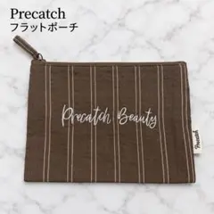 Precatch ストライプ柄フラットポーチ ブラウン ロゴ刺繍 未使用
