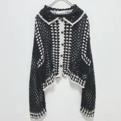 レトロガール|配色スカシ編み カーディガン【F】ショート丈 ドロップショルダーのサムネイル