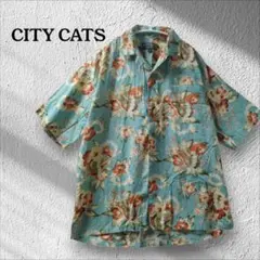 CITY CATSアロハシャツMサイズギター×花柄総柄開襟シャツ 半袖 レトロ