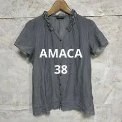 【 5510番】AMACA ストライプ柄 フリルネック 半袖ブラウス　38のサムネイル