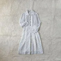 昭和レトロ シャツワンピース フレア ドット柄 タック ウエスト切り替え ひざ丈