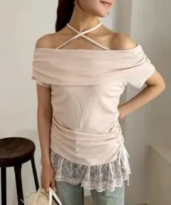 NICE CLAUP ナイスクラップ 裾レースドッキングオフショルトップス