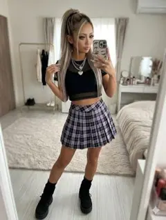 ​ROMWE★パープルチェック プリーツミニスカート XSサイズ★美品 ​