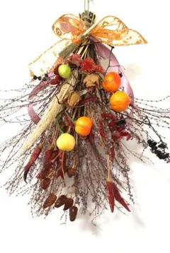 ハロウィンスワッグ 天然自然植物 ドライフラワー薔薇、パンプキン赤唐辛子 コキア