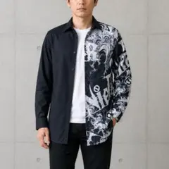 【美品】NieR CLOTHING ツートーン ロングシャツ 水波紋 和柄 Fのサムネイル