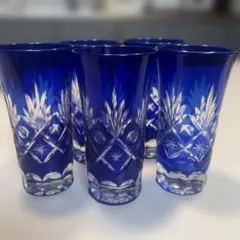 青色カットガラスコップ5個セット
