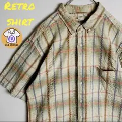 くすみ色　立体加工　半袖シャツ　チェック柄　ストライプ　チェック　古着　ベージュ