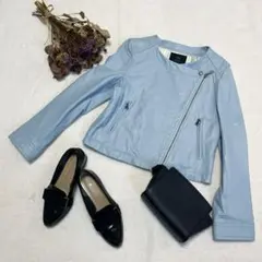 イネド 羊革 ラムレザー ライダースジャケット ライトブルー 水色 2way 9