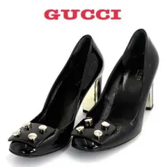 GUCCI グッチ パンプス エナメル チャンキーヒール メタルボタン 黒 37