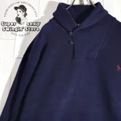 人気 ラルフローレン ショールカラー ニット 2XL ネイビー 肘あて 古着のサムネイル