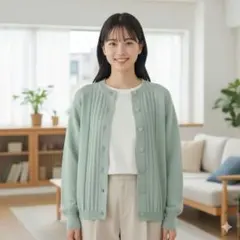 ✨ミントグリーン カーディガン 長袖 編み込み模様 7ボタン
