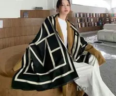 高品質 ストール マフラー 大判 ひざ掛け ショール　防寒　モノトーン　幾何学