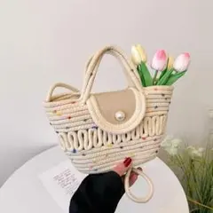 大人可愛い♪ カラフル点々 ロープ編みかごバッグ トートバッグ ハンドメイド風